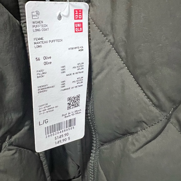 UNIQLO Quilted Long Green Coat sz large NWT - Picture 2 of 5